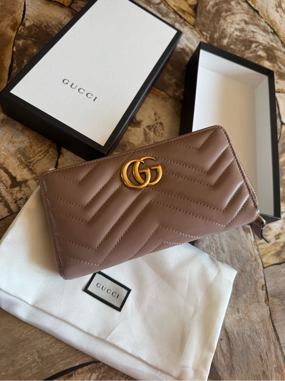 Gucci Quilted Chevron Zip Wallet in Mauve Brown with Gold Hardware